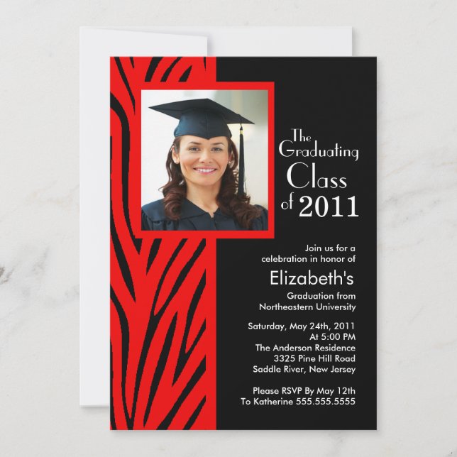 Trendy Red Zebra Photo Graduation Invitation (Front)