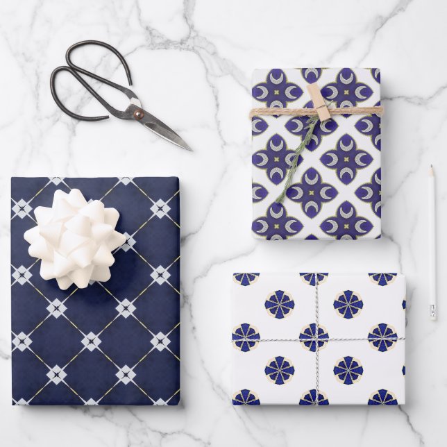 Trendy Regal blue and Gold Luxury  Wrapping Paper Sheets (Front)
