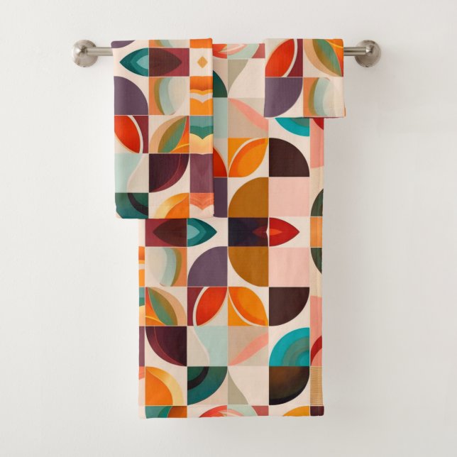 Trendy Retro Abstract Squares Collection Bath Towel Set (Insitu)