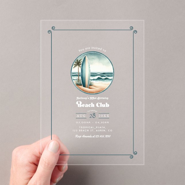 Trendy Retro Beach Club Birthday Party Acrylic Invitations (Insitu (Handheld))