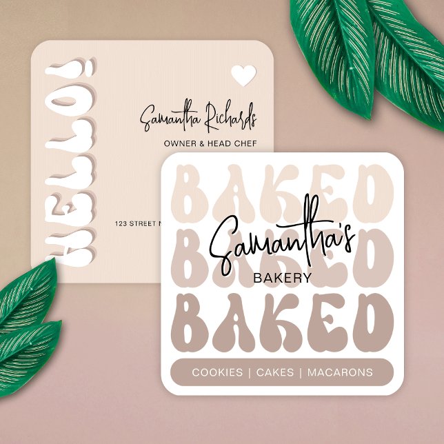 Trendy Retro Beige Bakery Pastry Chef Caterer Square Business Card (Bakery business cards in cream and white with trendy retro fonts and modern layout)