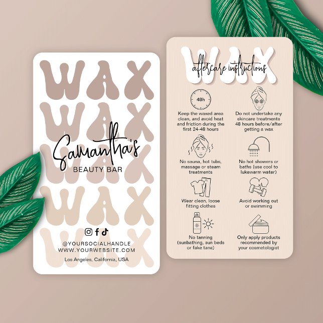 Trendy Retro Beige Modern Salon Waxing Aftercare Business Card (Hair wax after care instructions cards in beige & white with retro fonts and care icons)