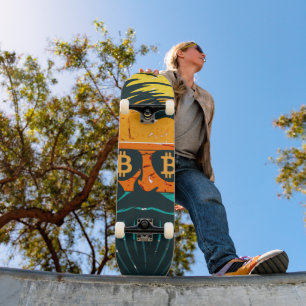 Trendy Retro Bitcoin Eyes Bearded Man Skateboard