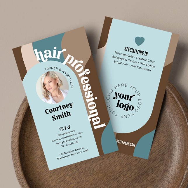 Trendy Retro Blue & Taupe Hair Stylist Salon Photo Business Card (Trendy hair professional business cards with custom photo and retro fonts and your logo)