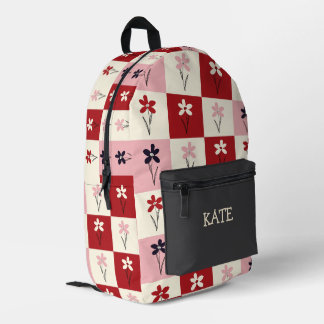 Trendy Retro Checkerboard Floral Personalized Name Printed Backpack