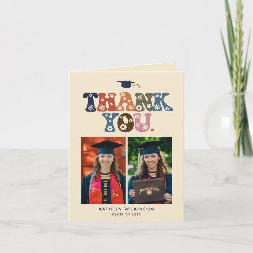 Trendy Retro Color Typography 2 Photo Graduation Thank You Card