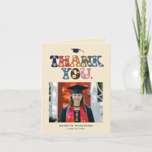 Trendy Retro Color Typography 3 Photo Graduation Thank You Card
