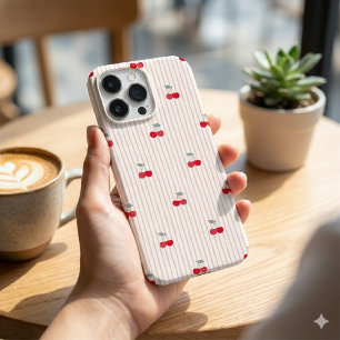 Trendy Retro Coquette Red Cherries Pinstripe iPhone 16 Pro Max Case