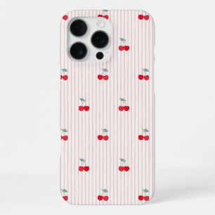 Trendy Retro Coquette Red Cherries Pinstripe iPhone 16 Pro Max Case