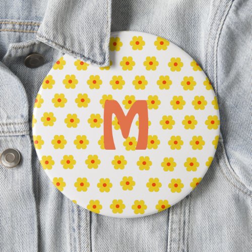 trendy Retro Daisies Yellow Flowers boho monogram  Button