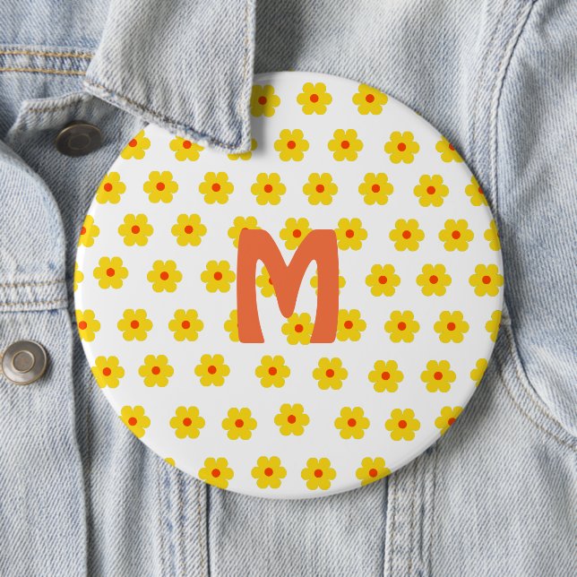 trendy Retro Daisies Yellow Flowers monogram  Button (In Situ)