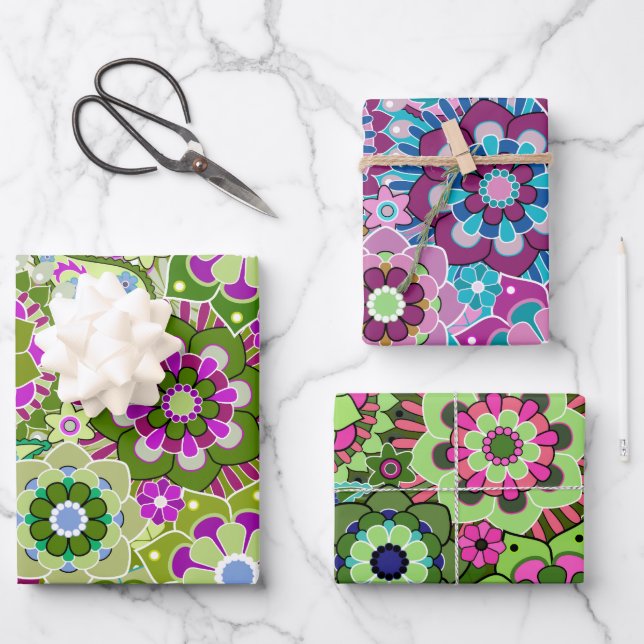 Trendy Retro Floral Pattern - colorful Wrapping Paper Sheets (Front)