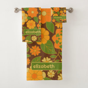 Trendy Retro Floral Pattern Custom name block  Bath Towel Set