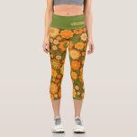 Trendy Retro Floral Pattern Custom name block  Capri Leggings<br><div class="desc">A bold, floral design with colorful shades of gold, orange and green with a fun color block to add your name or any text. The crazy flower pattern has a variety of colors. You can add a name, monogram or other custom text. If you need to move the art around,...</div>