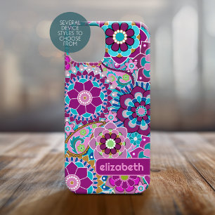 Trendy Retro Floral Pattern custom name block iPhone 15 Case