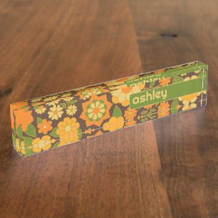 Trendy Retro Floral Pattern Custom name block  Desk Name Plate