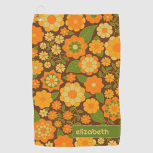 Trendy Retro Floral Pattern Custom name block  Golf Towel