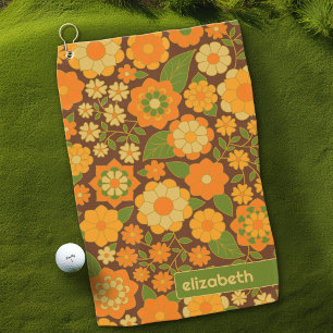 Trendy Retro Floral Pattern Custom name block  Golf Towel
