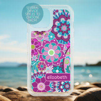 Trendy Retro Floral Pattern - custom name block iPhone 15 Case