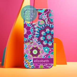 Trendy Retro Floral Pattern - custom name block iPhone 15 Case