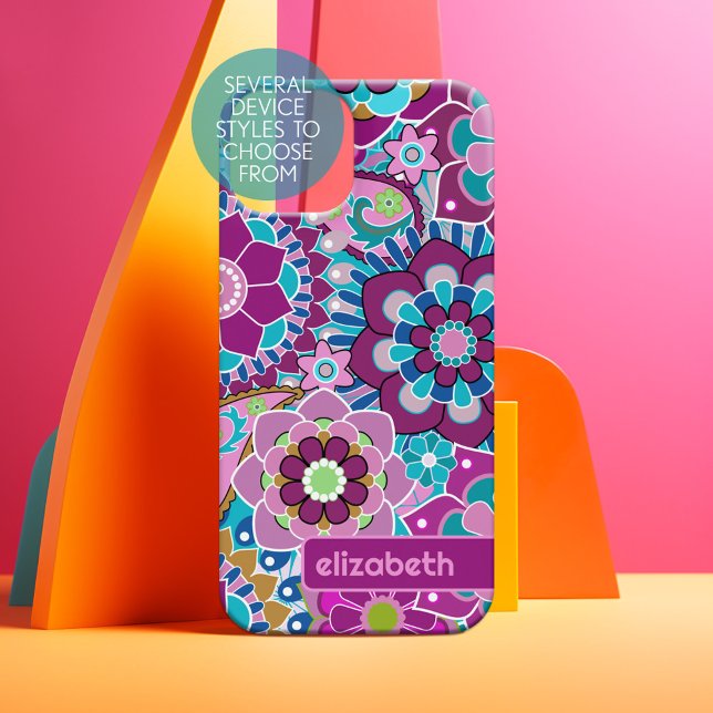 Trendy Retro Floral Pattern - custom name block iPhone 15 Case (Personalized Phone Case)
