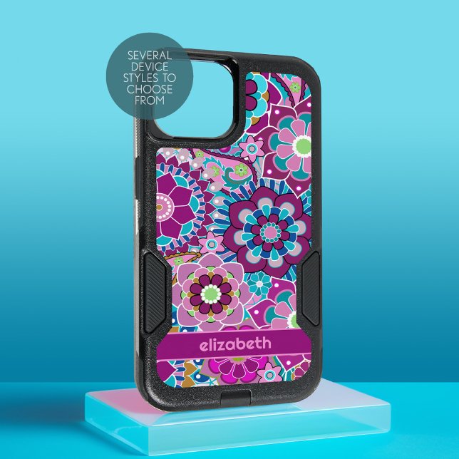 Trendy Retro Floral Pattern - custom name block iPhone 15 Case (Personalized Phone Case)