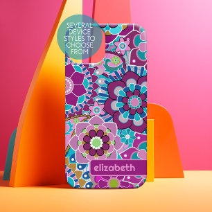 Trendy Retro Floral Pattern - custom name block iPhone 15 Case