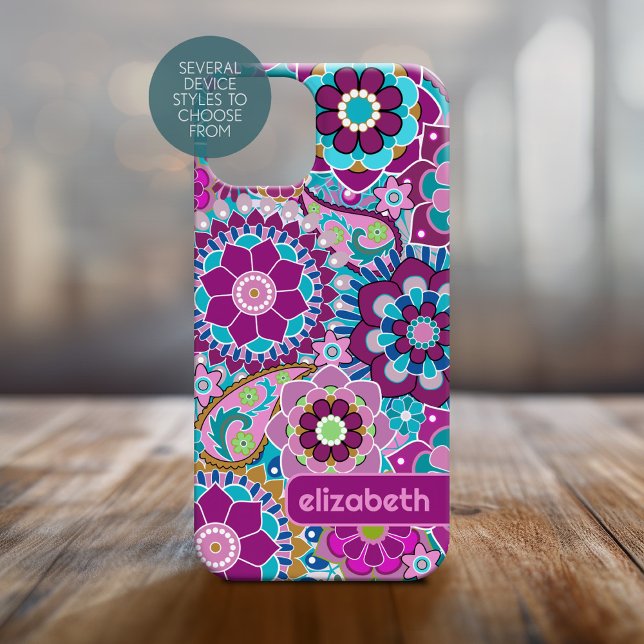 Trendy Retro Floral Pattern custom name block Iphone Case (Personalized Phone Cover - Funky Floral Pattern)