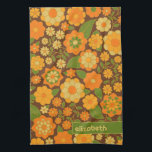 Trendy Retro Floral Pattern Custom name block  Kitchen Towel<br><div class="desc">A bold, floral design with colorful shades of gold, orange and green with a fun color block to add your name or any text. The crazy flower pattern has a variety of colors. You can add a name, monogram or other custom text. If you need to move the art around,...</div>