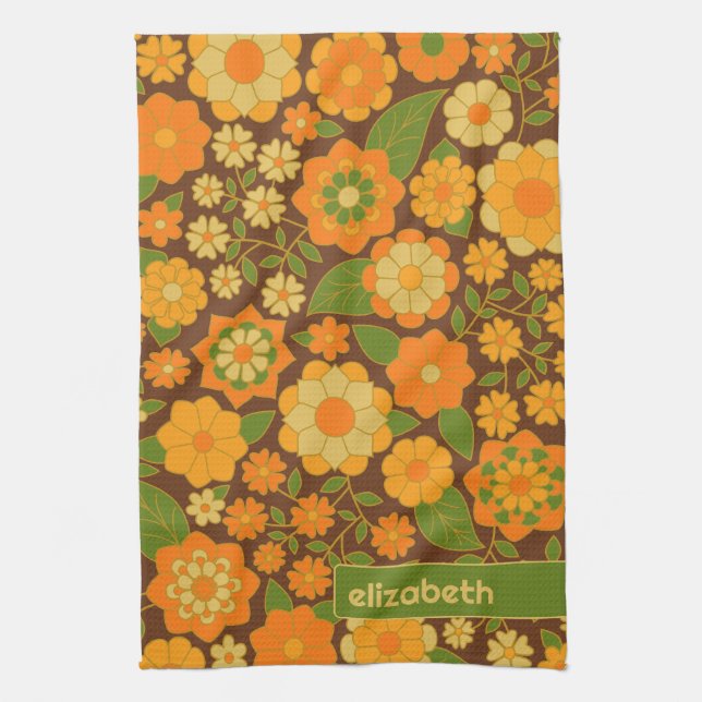Trendy Retro Floral Pattern Custom name block  Kitchen Towel (Vertical)