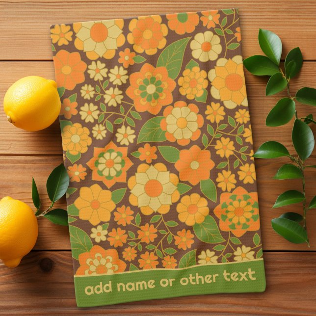 Trendy Retro Floral Pattern Custom name block  Kitchen Towel (Custom Kitchen Towel)