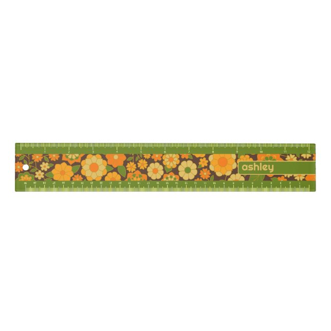 Trendy Retro Floral Pattern Custom name block  Ruler (Front)