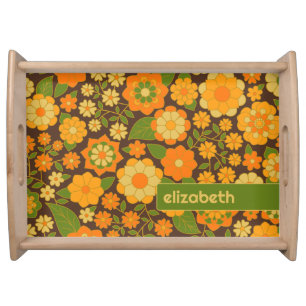Trendy Retro Floral Pattern Custom name block  Serving Tray