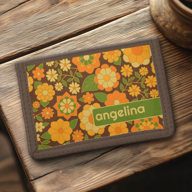 Trendy Retro Floral Pattern Custom name block  Trifold Wallet (Custom Monogram Wallet)