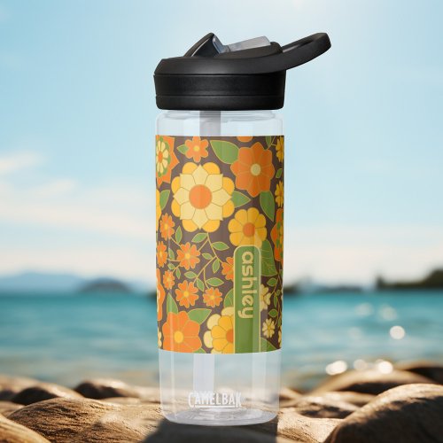 Trendy Retro Floral Pattern Custom name block  Water Bottle