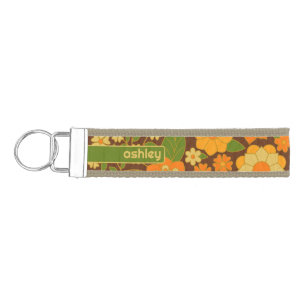 Trendy Retro Floral Pattern Custom name block  Wrist Keychain