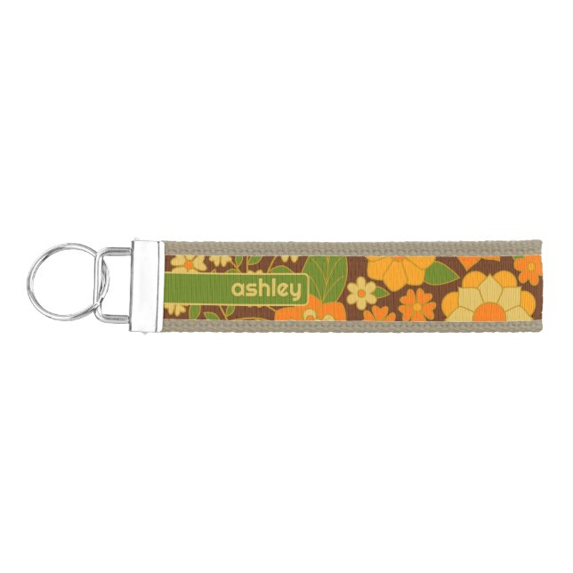 Trendy Retro Floral Pattern Custom name block  Wrist Keychain (Keys on Left)