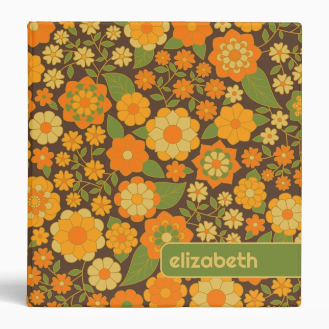 Trendy Retro Floral Pattern with name block 3 Ring Binder (Front)