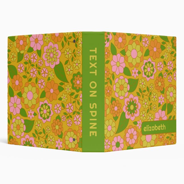 Trendy Retro Floral Pattern with name block 3 Ring Binder (Background)