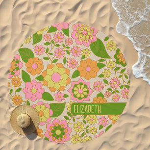 Trendy Retro Floral Pattern with name block Beach Towel