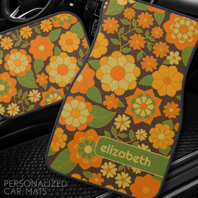 Trendy Retro Floral Pattern with name block Car Floor Mat (Personalized Car Mats)