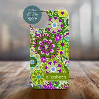 Trendy Retro Floral Pattern with name block iPhone 15 Case
