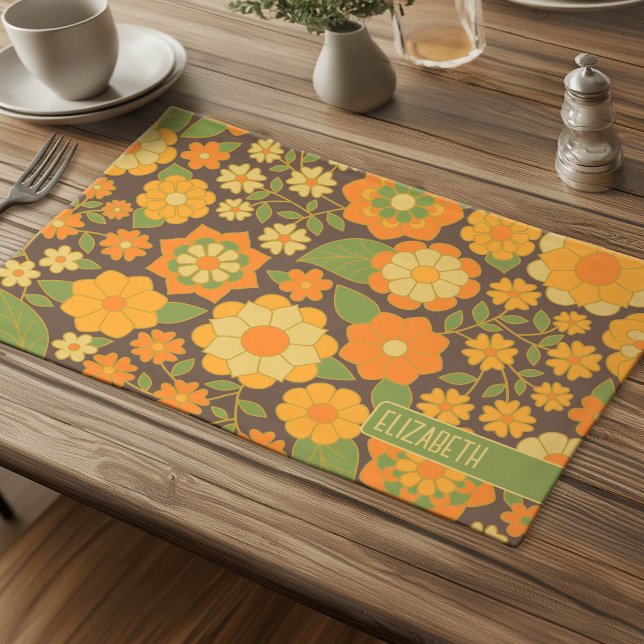 Trendy Retro Floral Pattern with name block Cloth Placemat (Personalized Cloth Placemat)