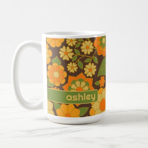 Trendy Retro Floral Pattern with name block  Coffee Mug