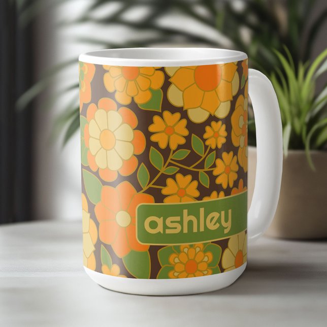 Trendy Retro Floral Pattern with name block  Coffee Mug (Custom Mug - Personalize with Your Name or Initials)