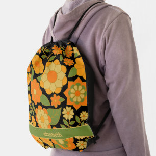 Trendy Retro Floral Pattern with name block  Drawstring Bag