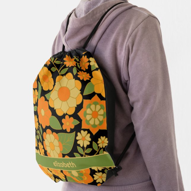 Trendy Retro Floral Pattern with name block  Drawstring Bag (Insitu)