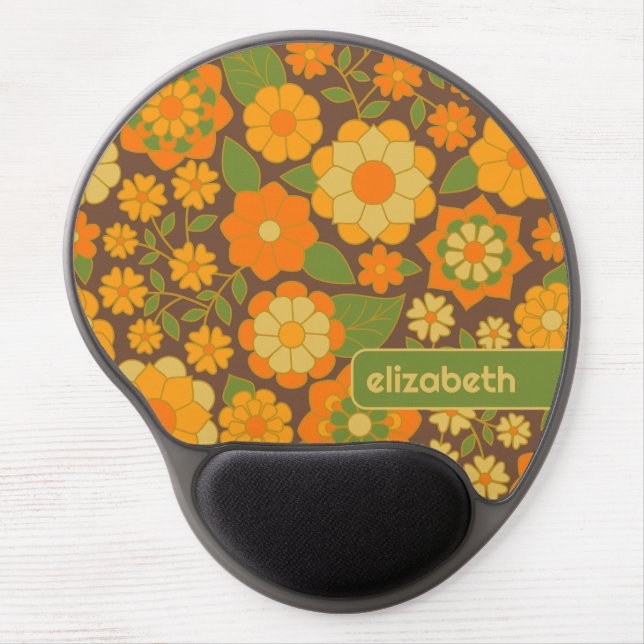 Trendy Retro Floral Pattern with name block  Gel Mouse Pad (Front)