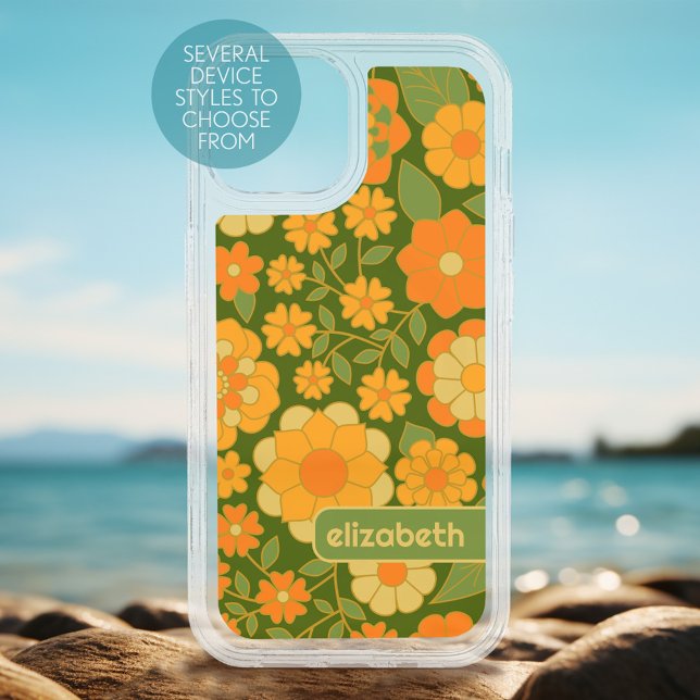 Trendy Retro Floral Pattern with name block iPhone 15 Case (Personalized Phone Case)