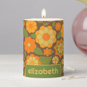 Trendy Retro Floral Pattern with name block Pillar Candle